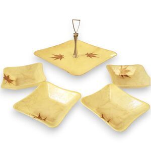 VTG MCM Kimball Vesta Fiberglass Serving Set 5pc Maple Leaf Tray Bowls Atomic 60